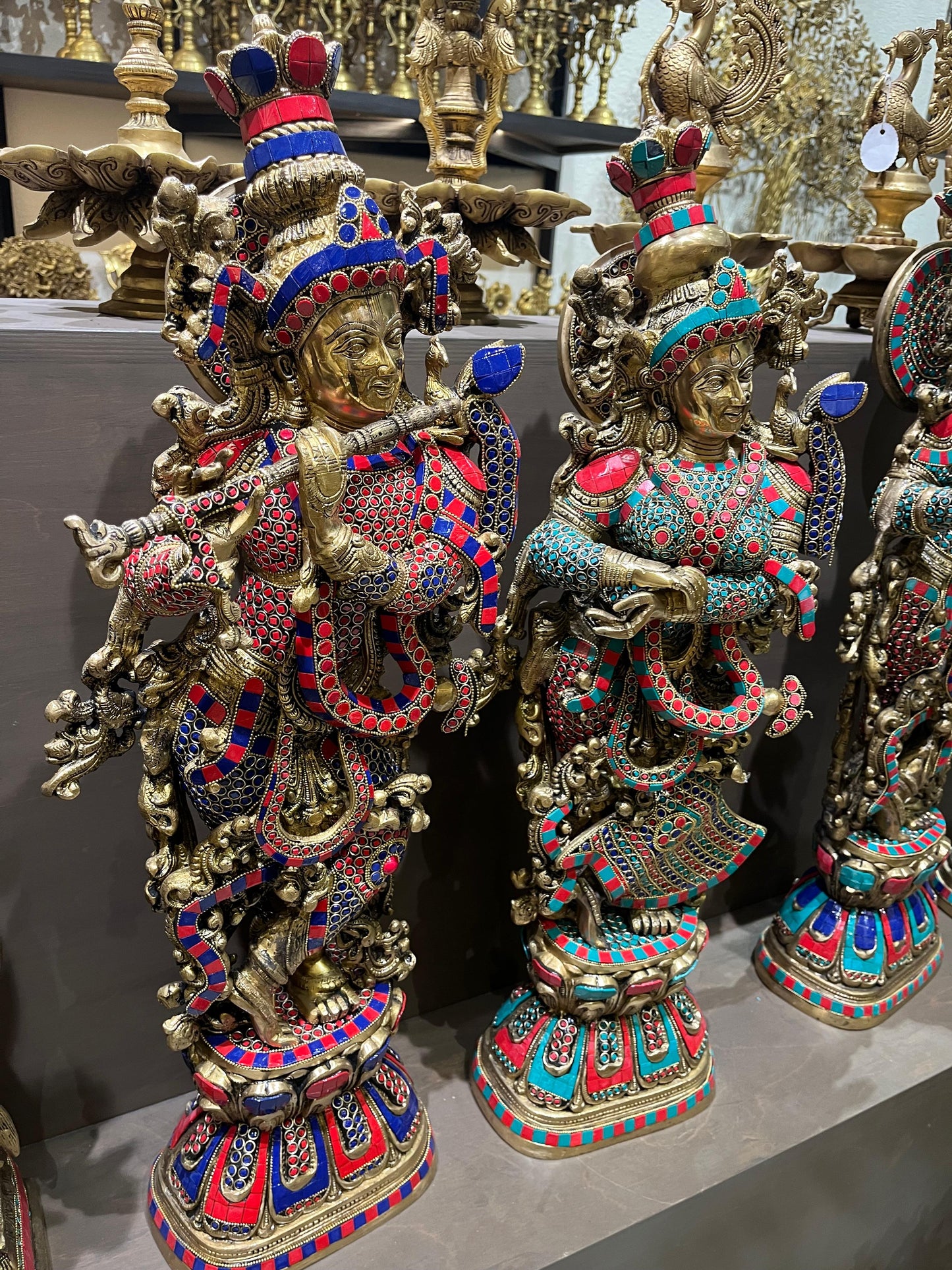 Brass Radha Krishna Stone Work Idol Pair | Handcrafted stone Inlay Statues for Home Temple (30 Inches)