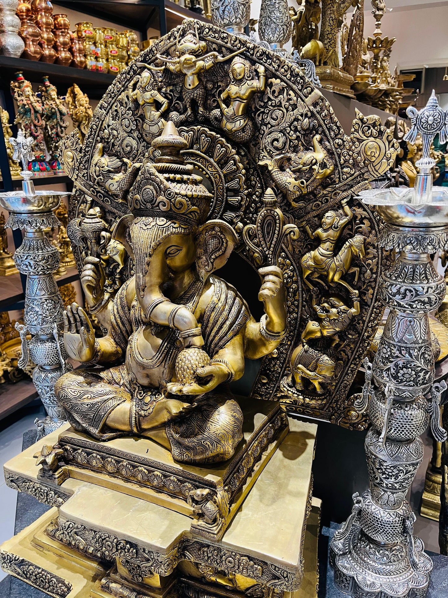 Brass Lord Ganesha Idol with Prabhavali | Antique Finish Ganpati Statue for Home Temple & Decor (4 Feet)