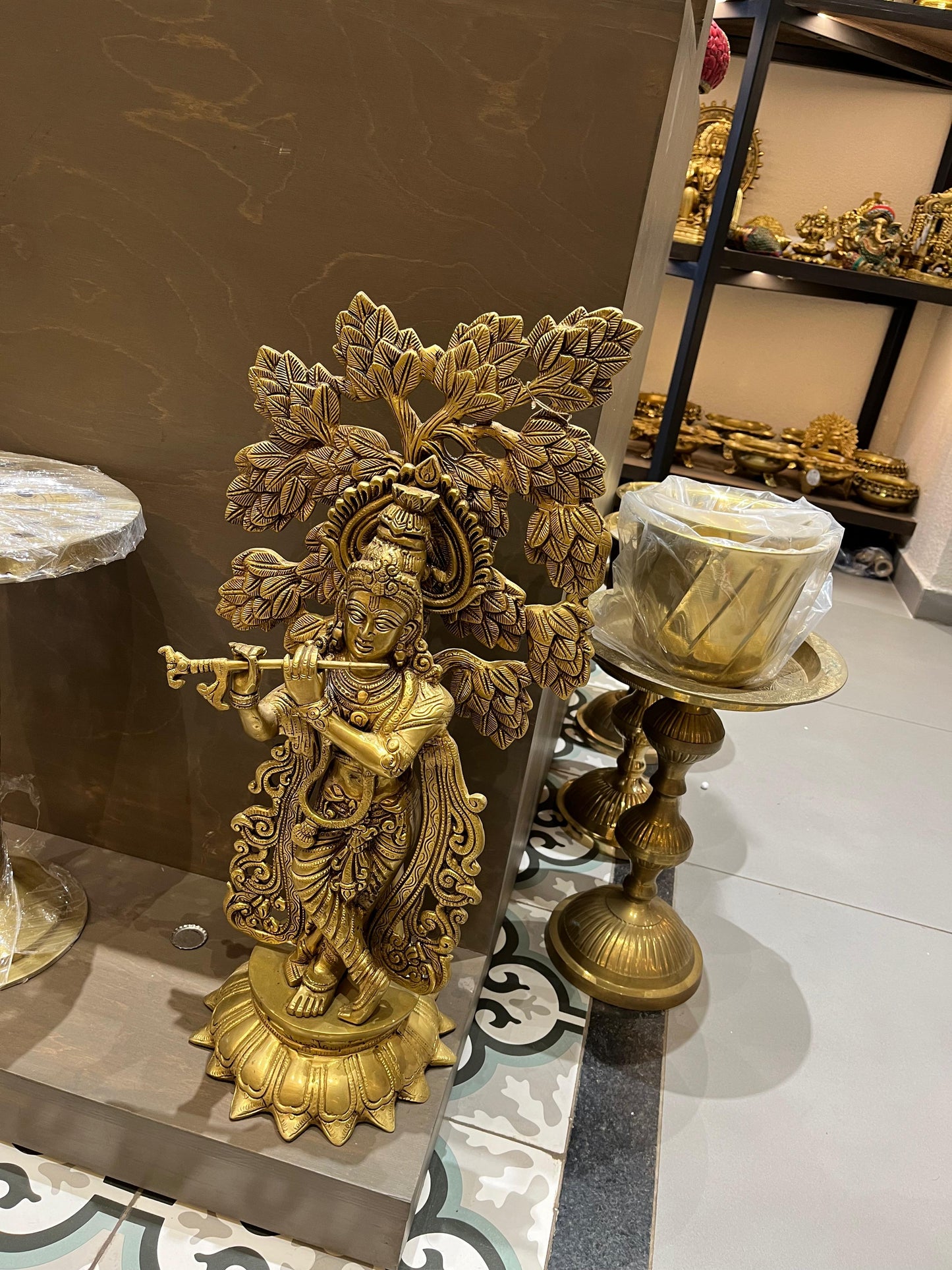 Brass Lord Krishna Idol Under Tree | Flute-Playing Venugopala Statue for Home Temple & Decor (61.5 cm)