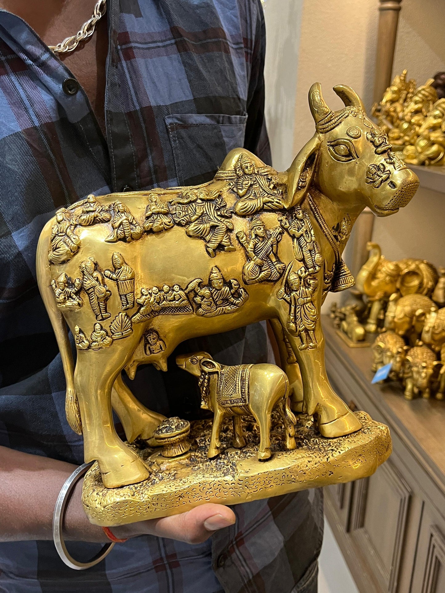 Brass Kamadhenu Cow Idol | Divine Surabhi Cow with Calf and Deities for Home Temple & Vastu Decor (28 cm)