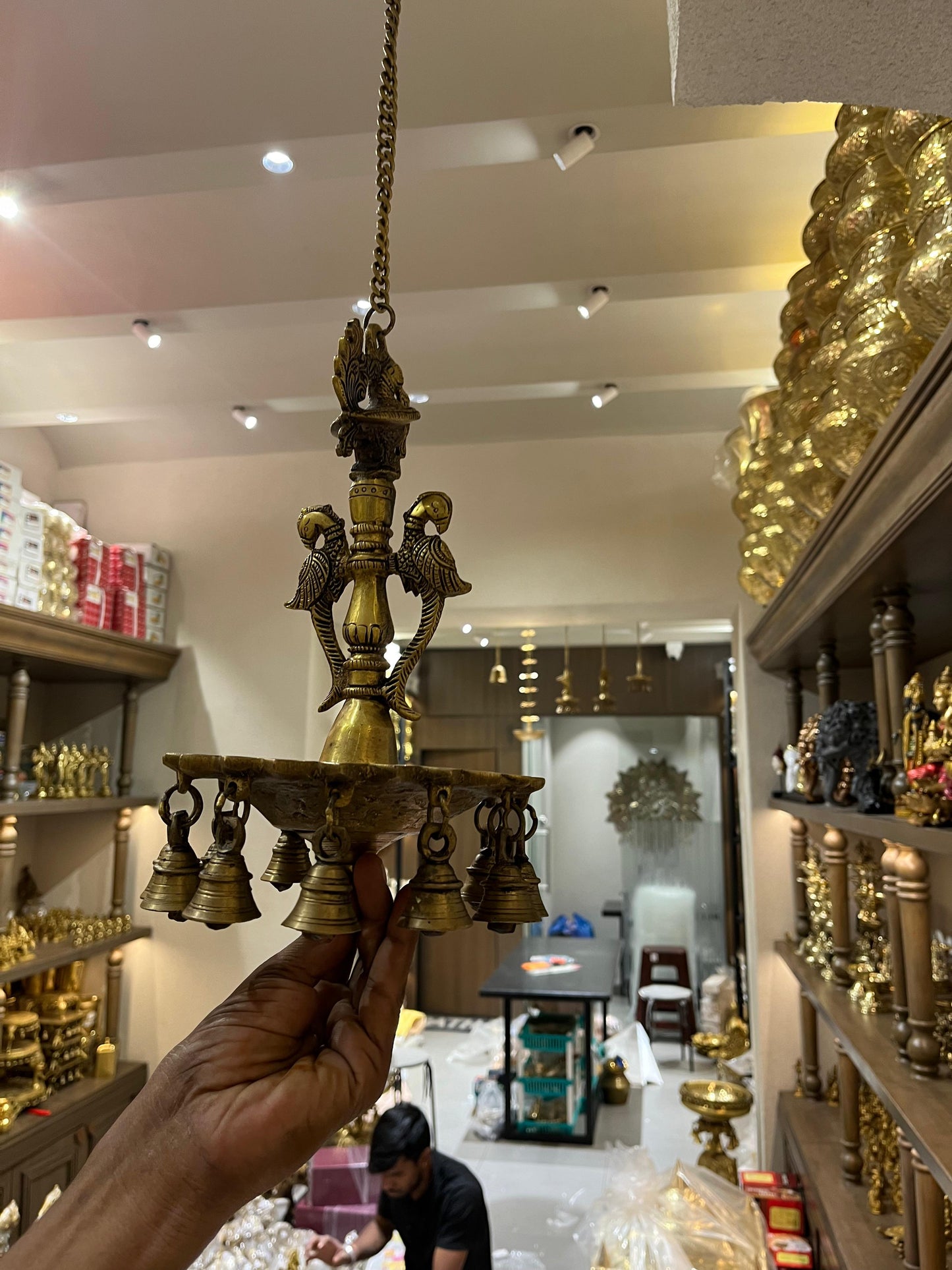 Brass Hanging Diya with Bells | Traditional Brass Hanging Lamp for Pooja Room (11 Inches + 29 Inch Chain)
