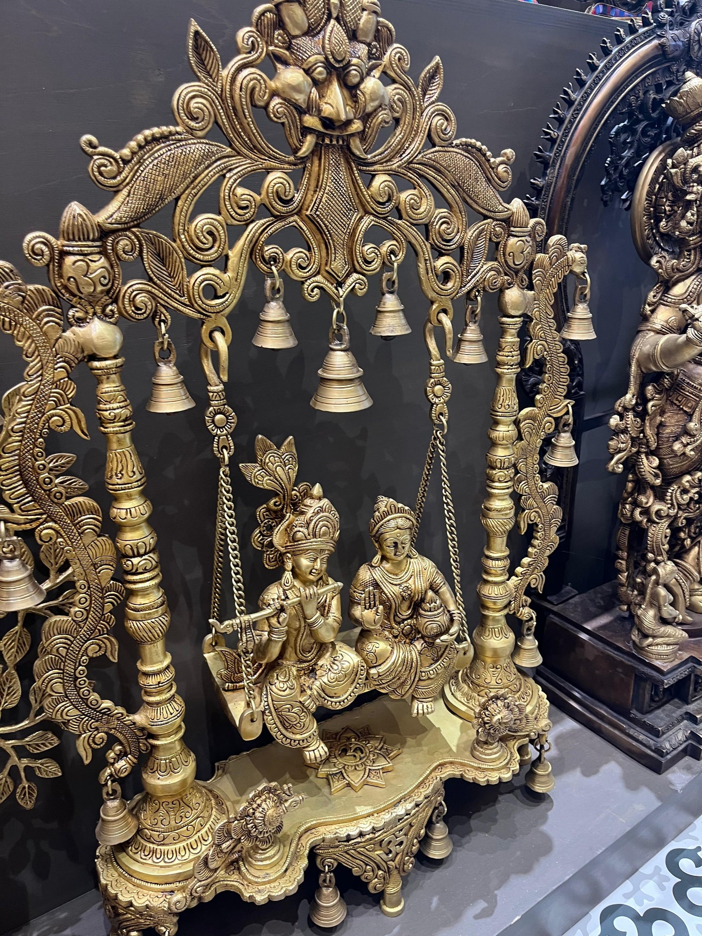 Brass Radha Krishna on Swing | Handcrafted Jhula Idol for Home Temple & Spiritual Decor (29.5 Inches)