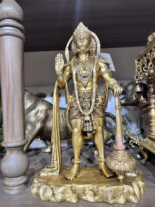 Brass Lord Hanuman Idol - Divine Standing Hanuman Murti with Gada | Vastu & Puja Decor for Home & Temple