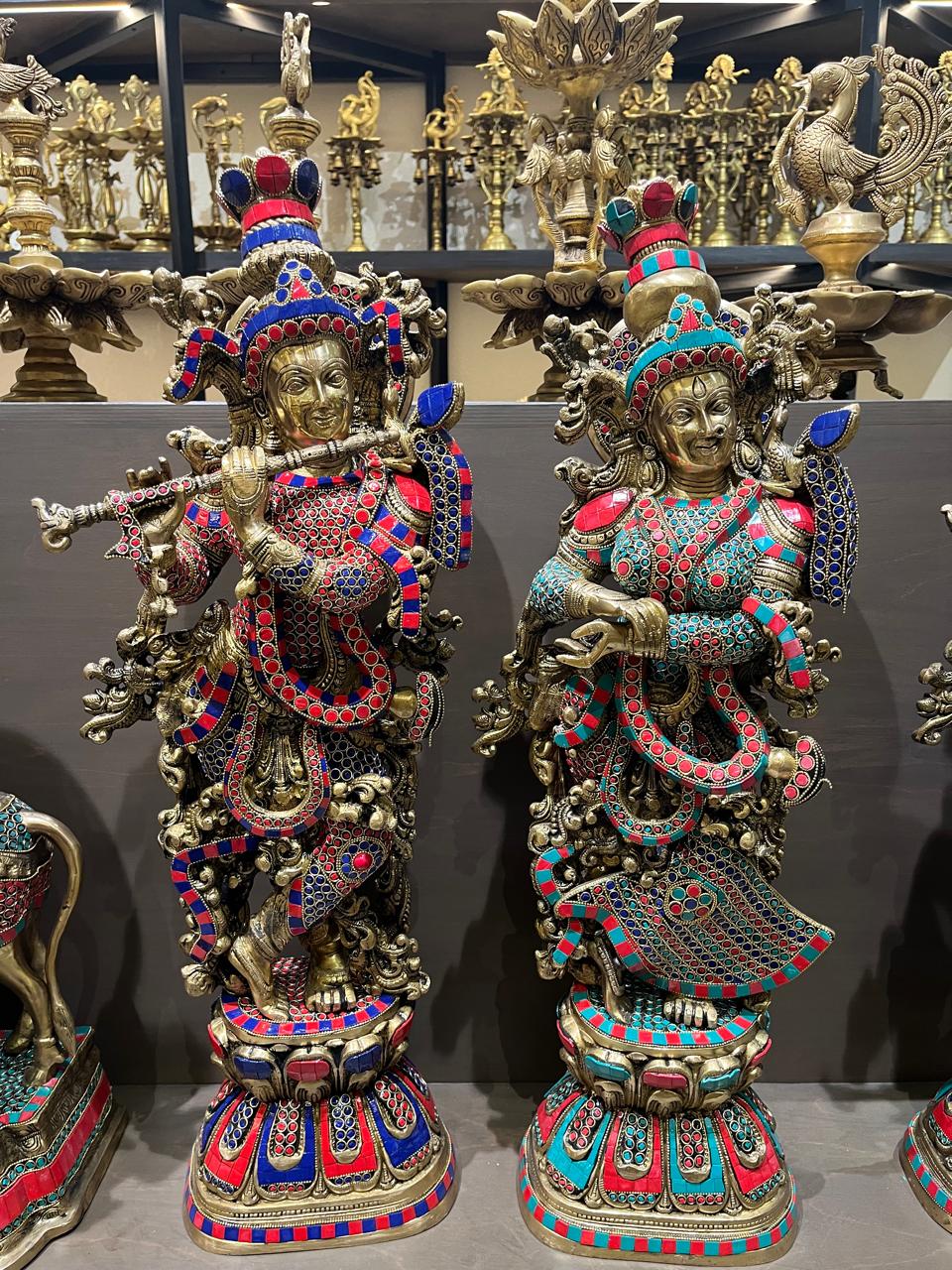 Brass Radha Krishna Stone Work Idol Pair | Handcrafted stone Inlay Statues for Home Temple (30 Inches)