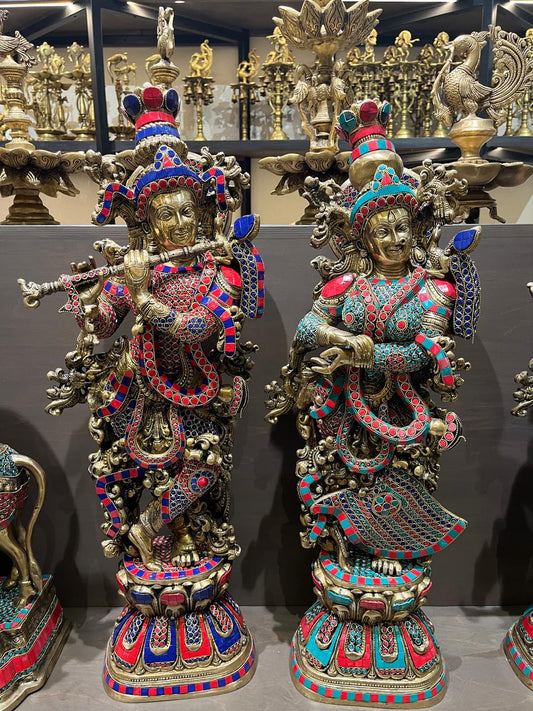Brass Radha Krishna Stone Work Idol Pair | Handcrafted stone Inlay Statues for Home Temple (30 Inches)