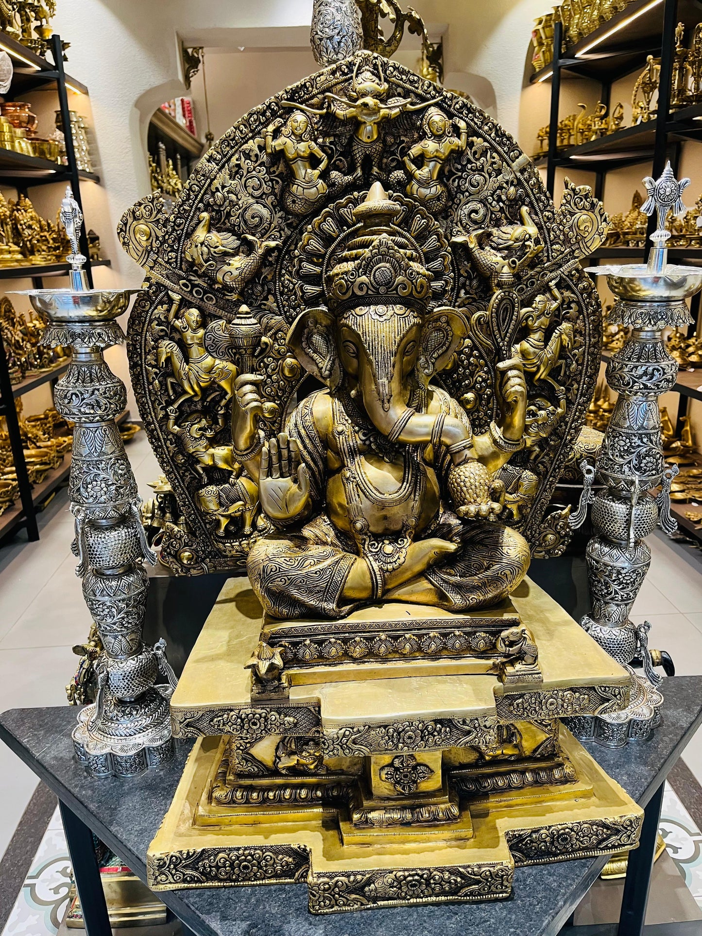 Brass Lord Ganesha Idol with Prabhavali | Antique Finish Ganpati Statue for Home Temple & Decor (4 Feet)