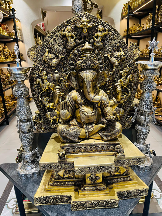 Brass Lord Ganesha Idol with Prabhavali | Antique Finish Ganpati Statue for Home Temple & Decor (4 Feet)