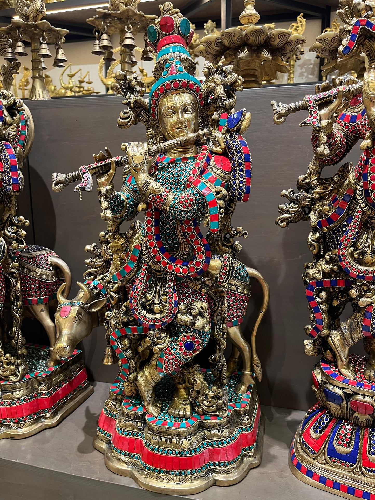 Brass Lord Krishna Idol with Cow | Stone Work Flute-Playing Venugopala Statue for Home Temple