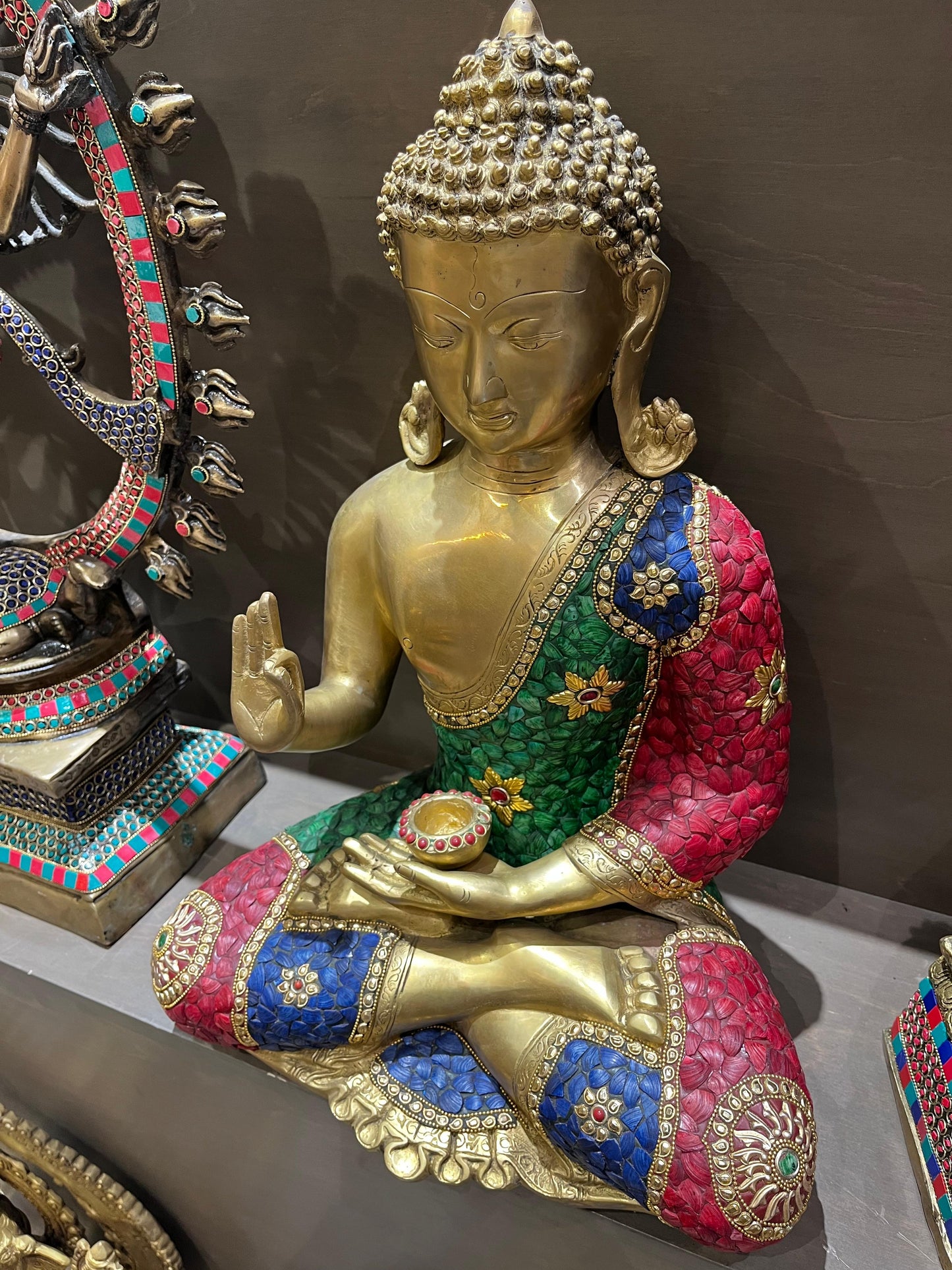 Brass Buddha Idol with Stone Work | Handcrafted Meditation Buddha Statue for Home Decor (20 Inches)