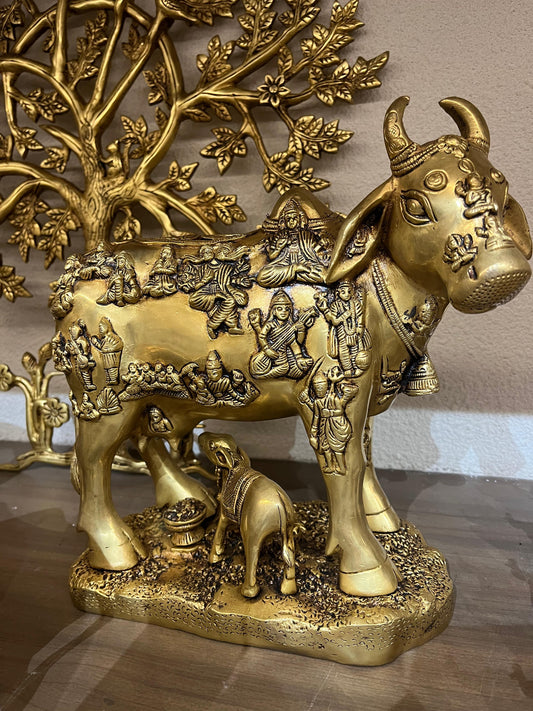 Brass Kamadhenu Cow Idol | Divine Surabhi Cow with Calf and Deities for Home Temple & Vastu Decor (28 cm)
