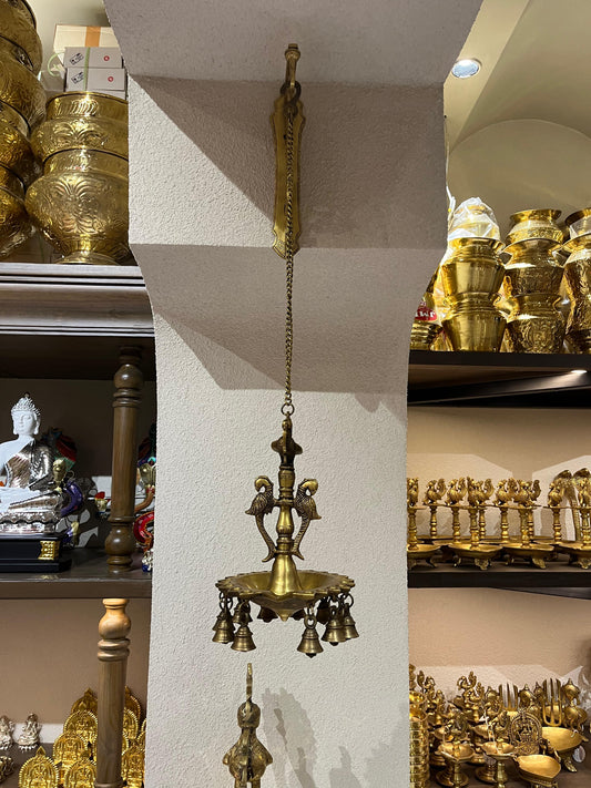Brass Hanging Diya with Bells | Traditional Brass Hanging Lamp for Pooja Room (11 Inches + 29 Inch Chain)