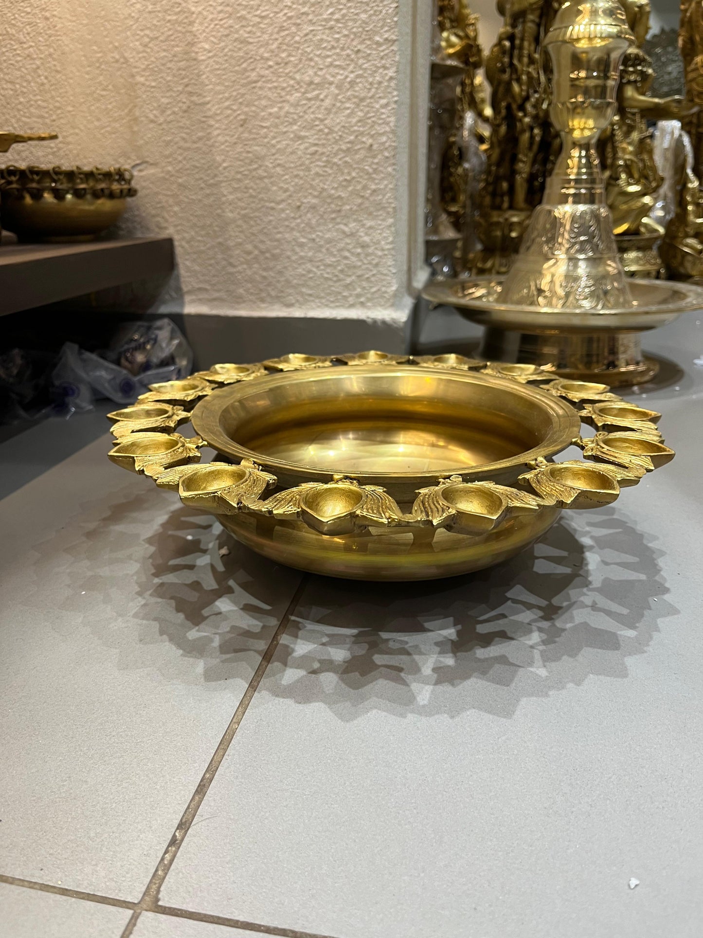 Brass Deepam Bowl with Multiple Diyas | Traditional Pooja Diya Plate for Home Temple (15 Inches)