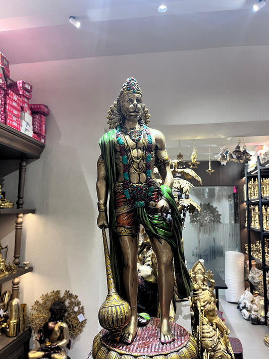 Multicolor Brass Standing Lord Hanuman Idol with Gada | Handcrafted Bajrangbali Statue for Home Temple & Vastu Decor
