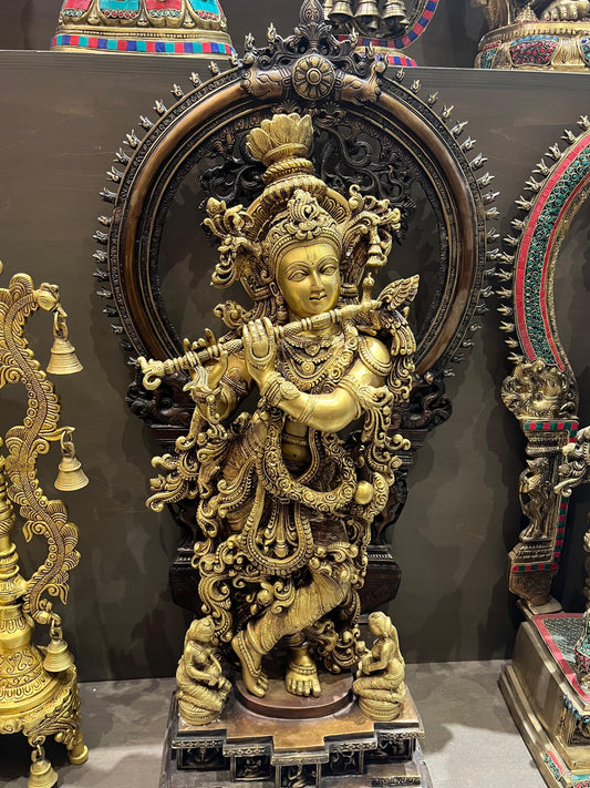 Brass Lord Krishna Idol | Antique Finish Flute-Playing Venugopala Statue for Home Temple & Décor (32 Inches)