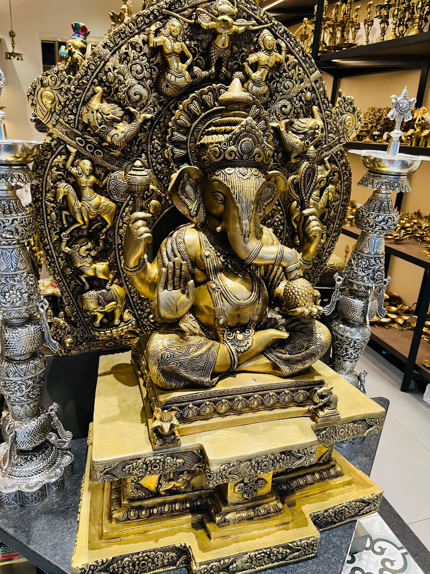 Brass Lord Ganesha Idol with Prabhavali | Antique Finish Ganpati Statue for Home Temple & Decor (4 Feet)