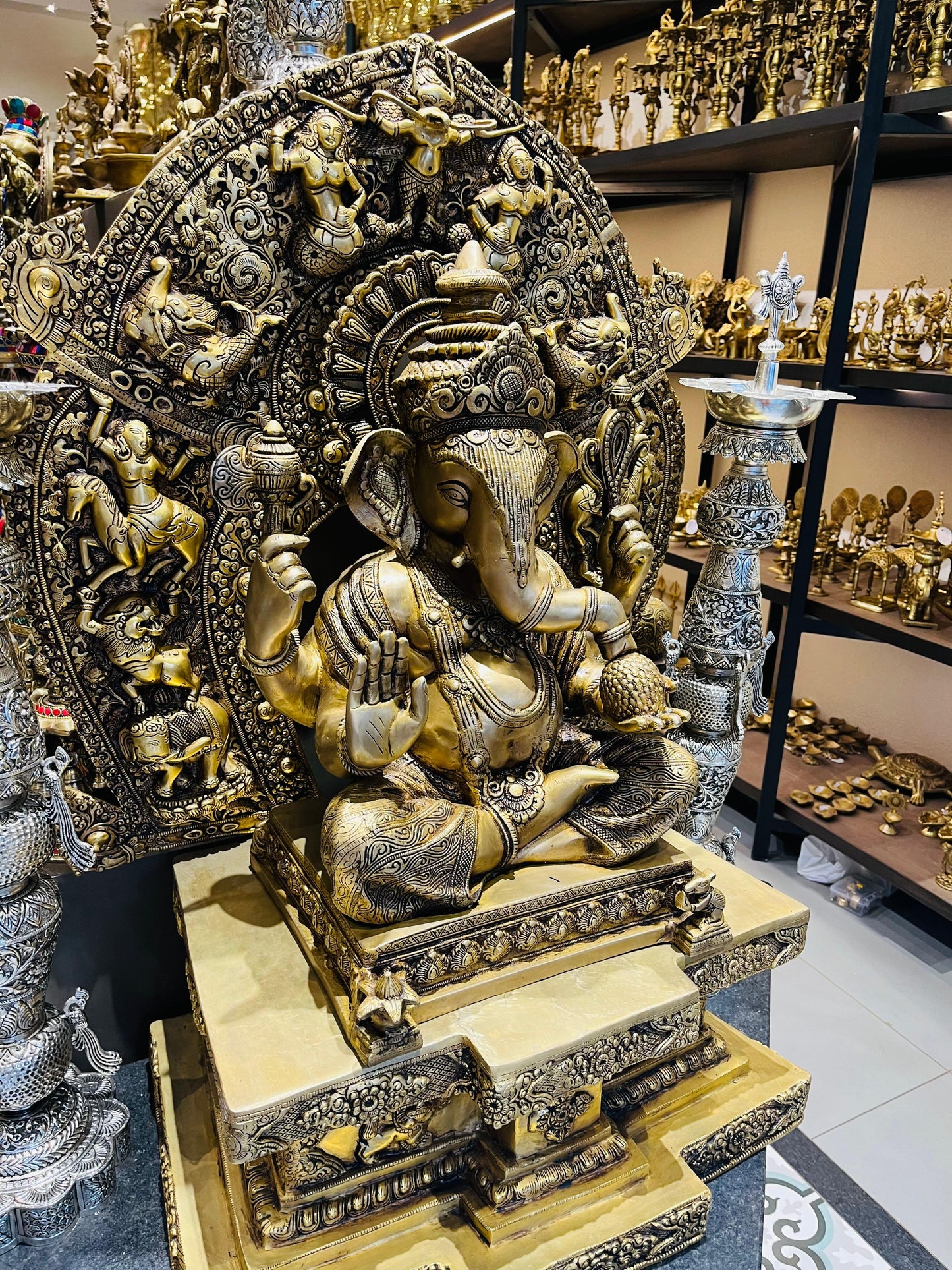 Brass Lord Ganesha Idol with Prabhavali | Antique Finish Ganpati Statue for Home Temple & Decor (4 Feet)