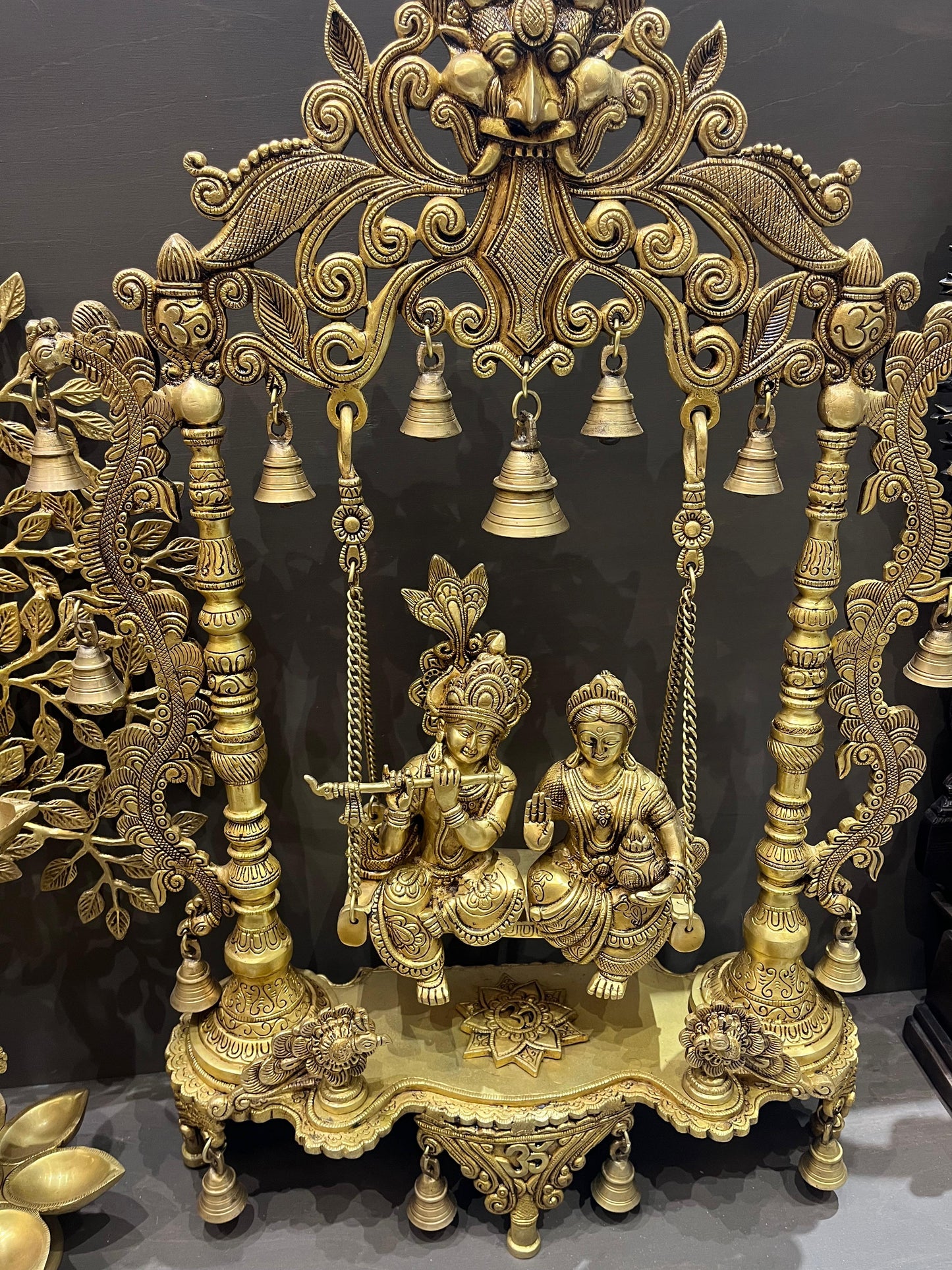 Brass Radha Krishna on Swing | Handcrafted Jhula Idol for Home Temple & Spiritual Decor (29.5 Inches)