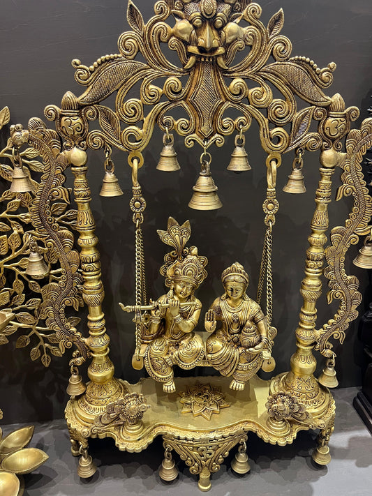 Brass Radha Krishna on Swing | Handcrafted Jhula Idol for Home Temple & Spiritual Decor (29.5 Inches)