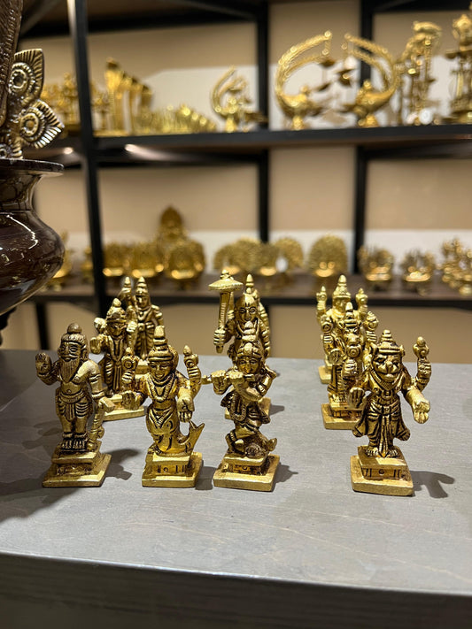 Brass Dashavatar Idol Set | Small Brass Deity Statues for Home Temple & Puja (4 Inches)