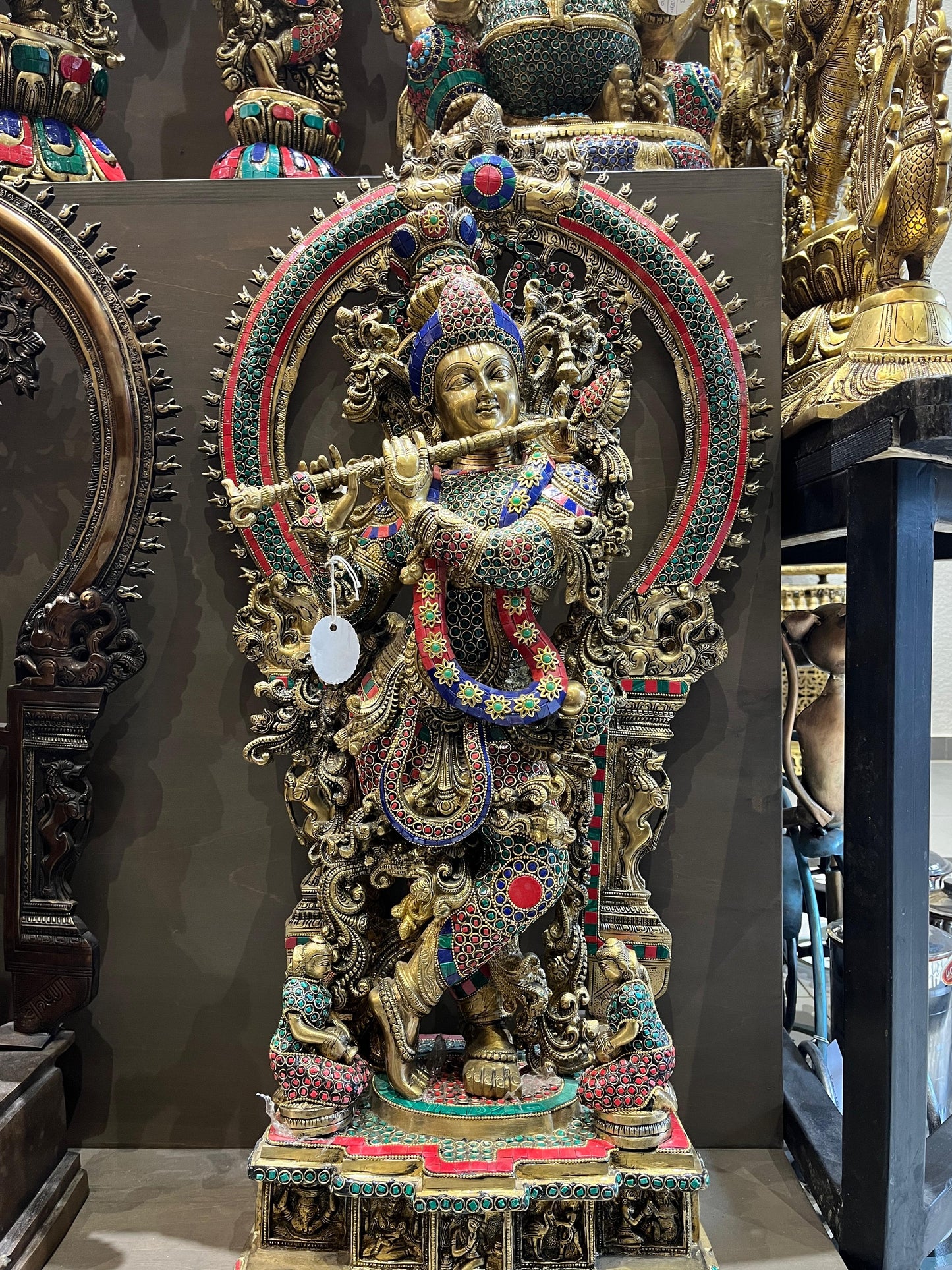 Brass Lord Krishna Idol with Stone Work | Handcrafted Flute-Playing Venugopala Statue for Home Temple (32 Inches)