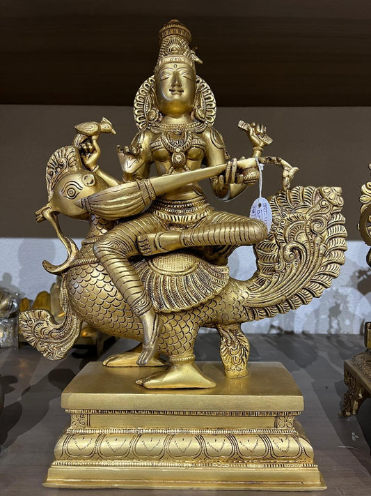 Brass Goddess Saraswati on Hamsa Idol | Veena Saraswati Statue for Home & Pooja Room