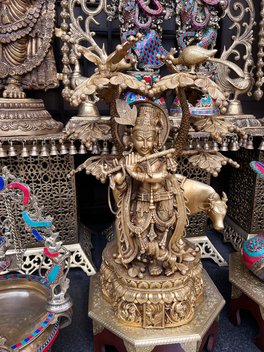 Brass Lord Krishna Idol with Cow | Venugopala Krishna Statue for Home Decor & Puja