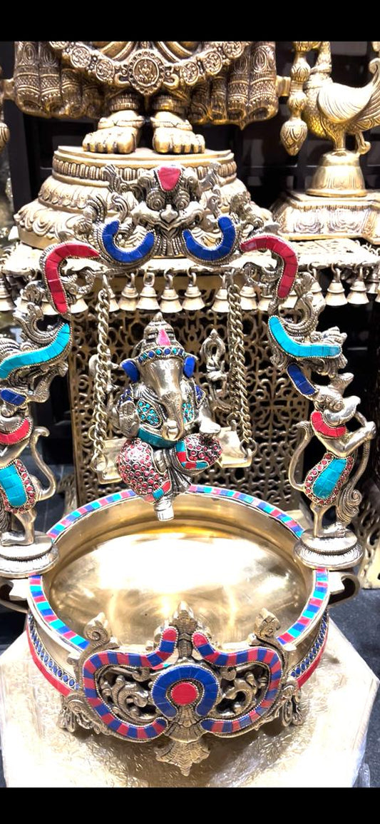 Brass Stone Work Ganesha Jhula Akhand Diya | Swing Ganpati with Decorative Bowl for Home Temple (22 Inches)