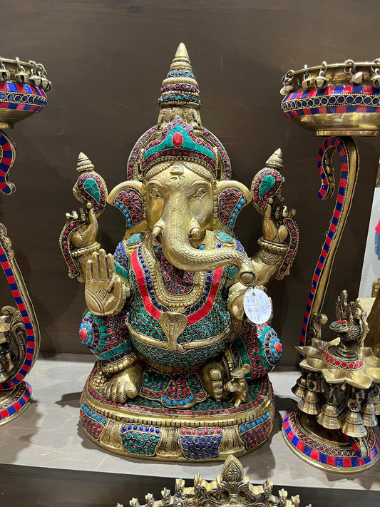 Brass Lord Ganesha Idol with Stone Work | Colorful Ganpati Statue for Home, Temple & Decor