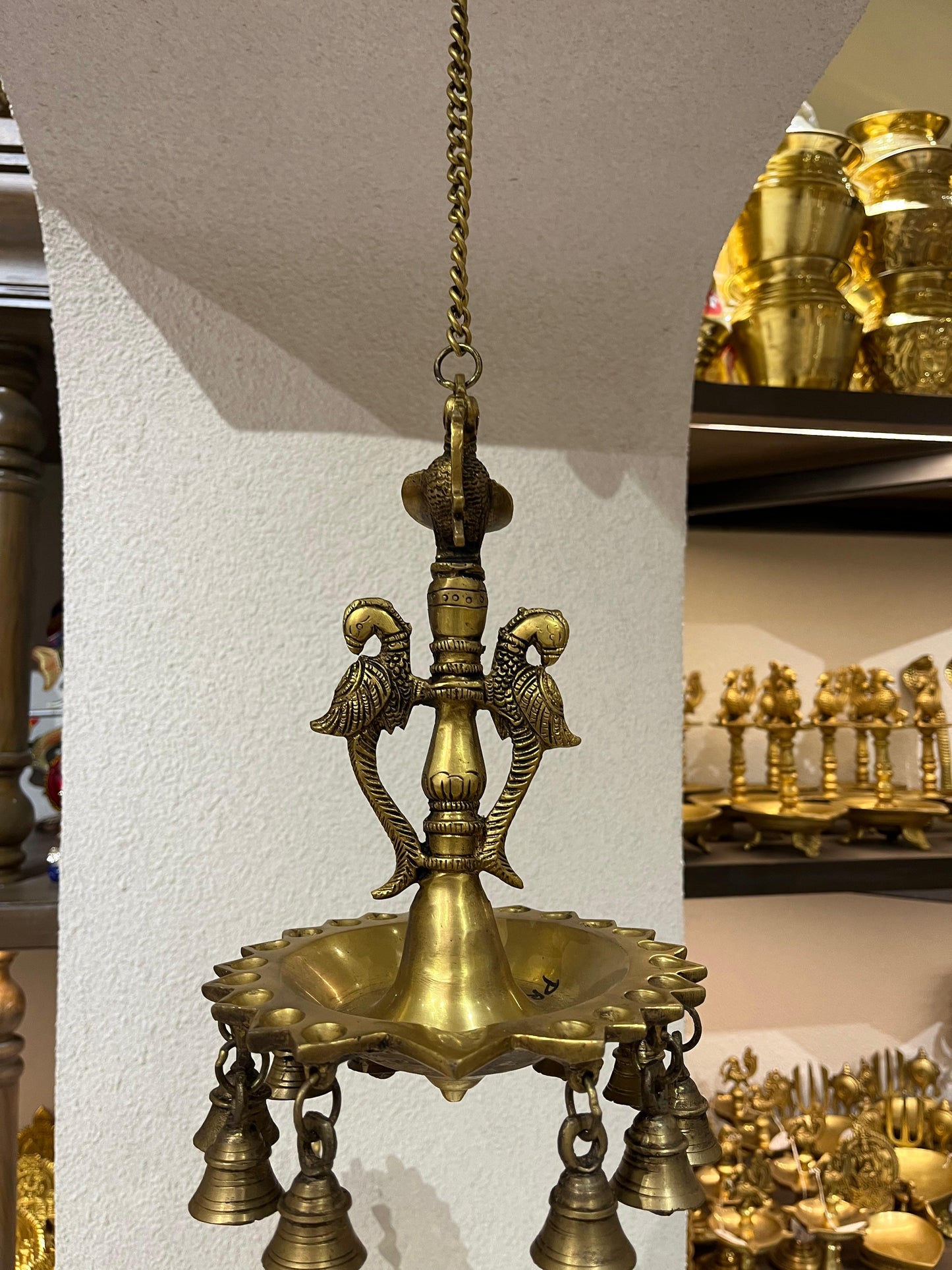 Brass Hanging Diya with Bells | Traditional Brass Hanging Lamp for Pooja Room (11 Inches + 29 Inch Chain)