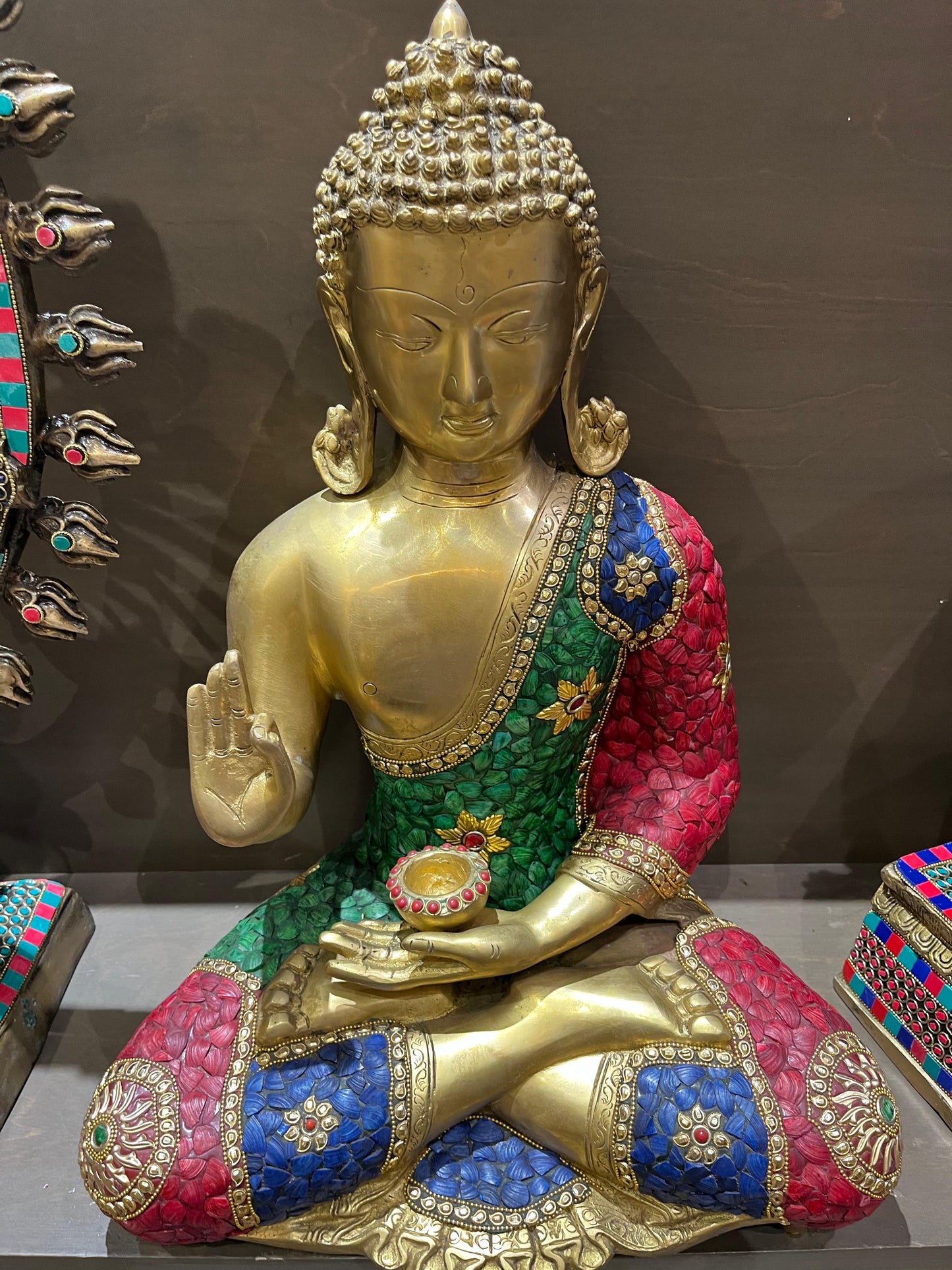 Brass Buddha Idol with Stone Work | Handcrafted Meditation Buddha Statue for Home Decor (20 Inches)