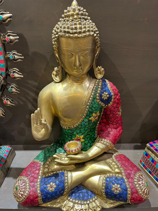 Brass Buddha Idol with Stone Work | Handcrafted Meditation Buddha Statue for Home Decor (20 Inches)