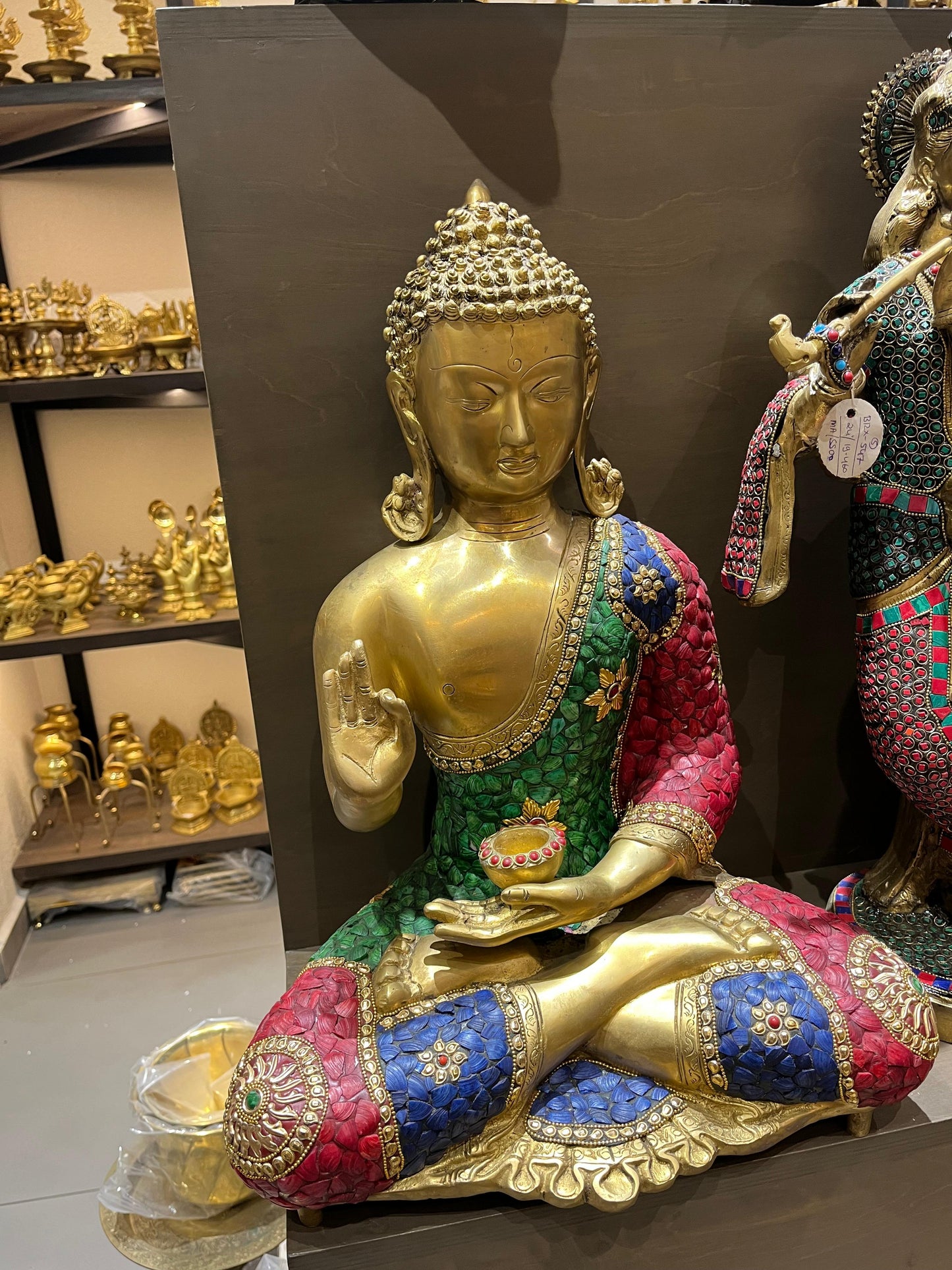 Brass Buddha Idol with Stone Work | Handcrafted Meditation Buddha Statue for Home Decor (20 Inches)