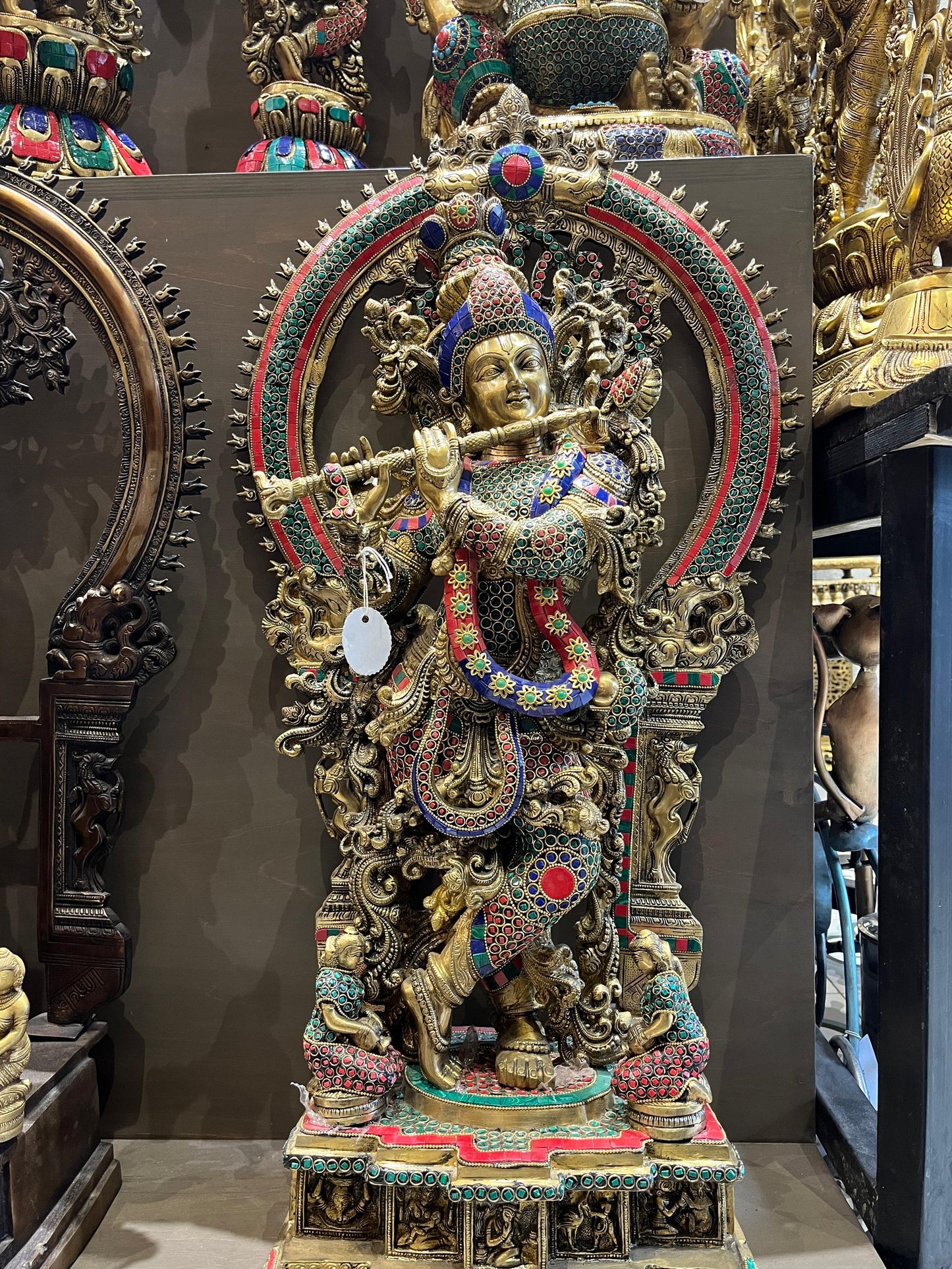 Brass Lord Krishna Idol with Stone Work | Handcrafted Flute-Playing Venugopala Statue for Home Temple (32 Inches)