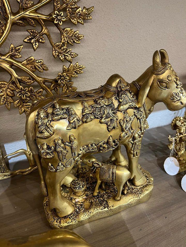 Brass Kamadhenu Cow Idol | Divine Surabhi Cow with Calf and Deities for Home Temple & Vastu Decor (28 cm)