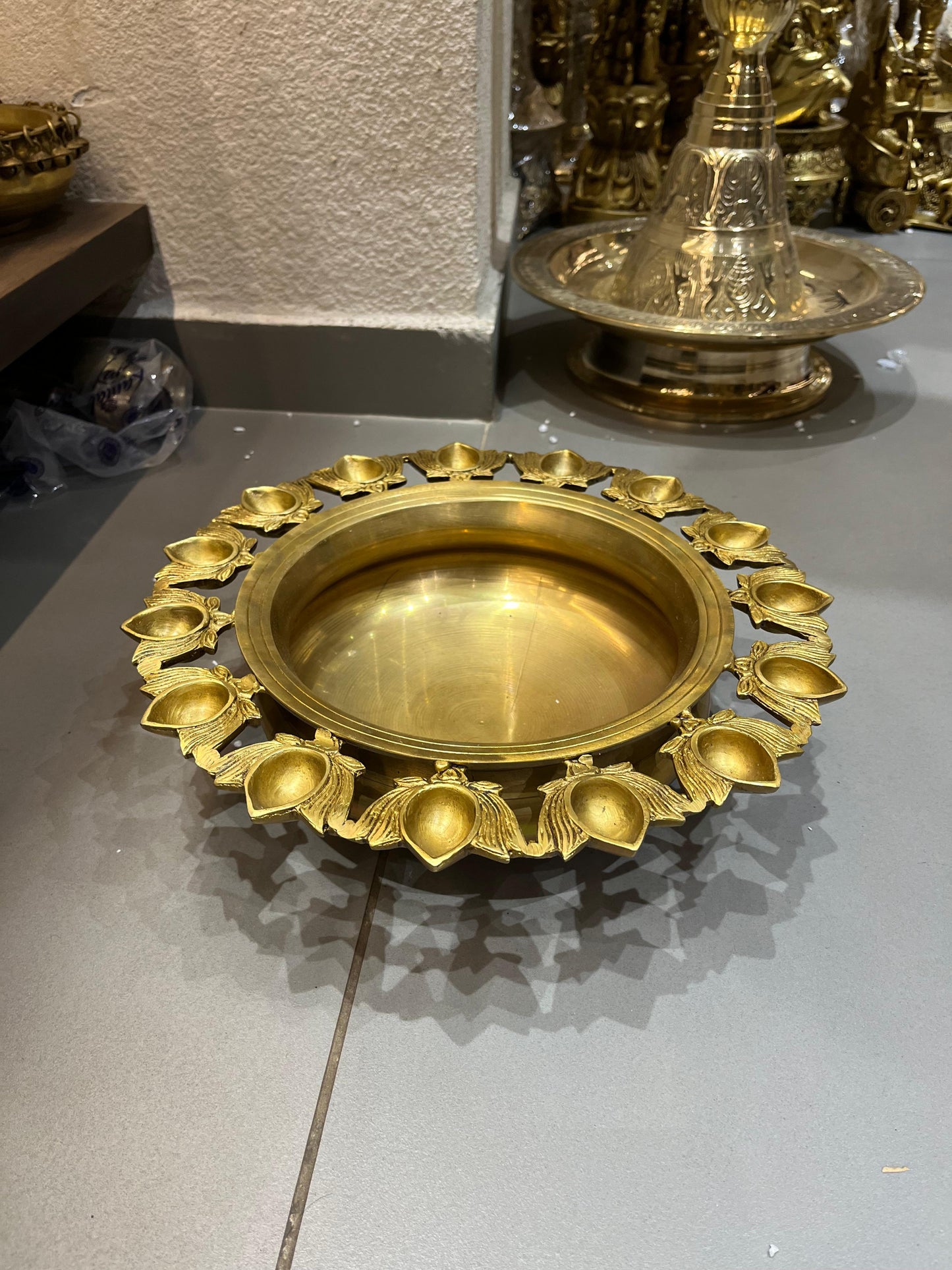 Brass Deepam Bowl with Multiple Diyas | Traditional Pooja Diya Plate for Home Temple (15 Inches)