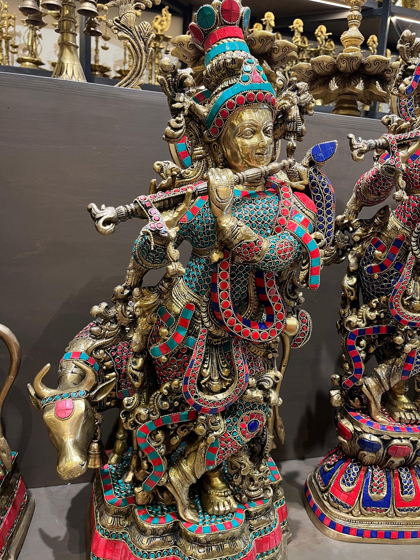 Brass Lord Krishna Idol with Cow | Stone Work Flute-Playing Venugopala Statue for Home Temple