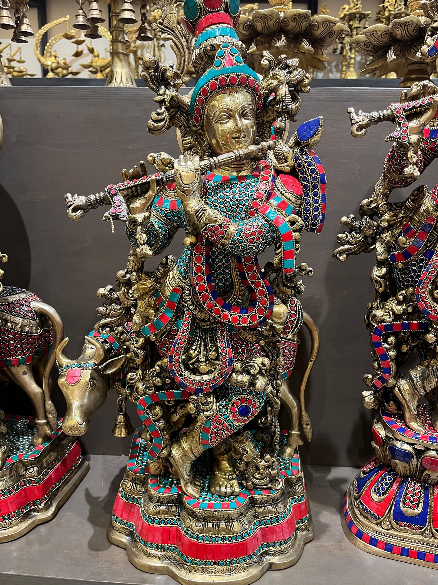 Brass Lord Krishna Idol with Cow | Stone Work Flute-Playing Venugopala Statue for Home Temple