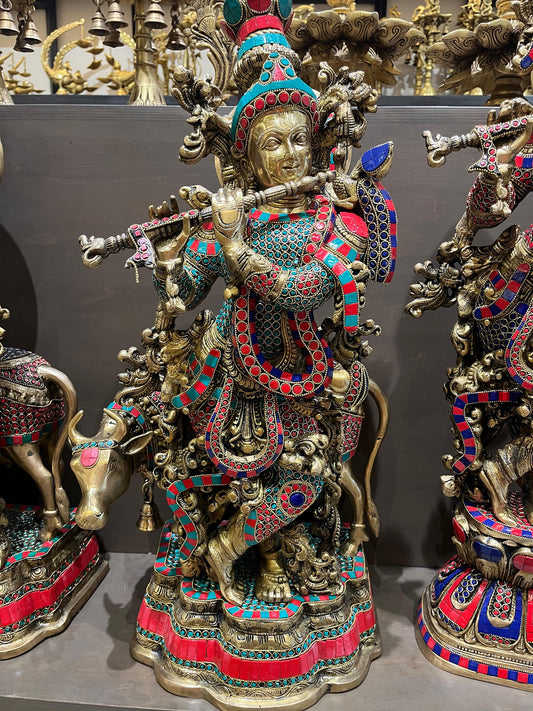 Brass Lord Krishna Idol with Cow | Stone Work Flute-Playing Venugopala Statue for Home Temple