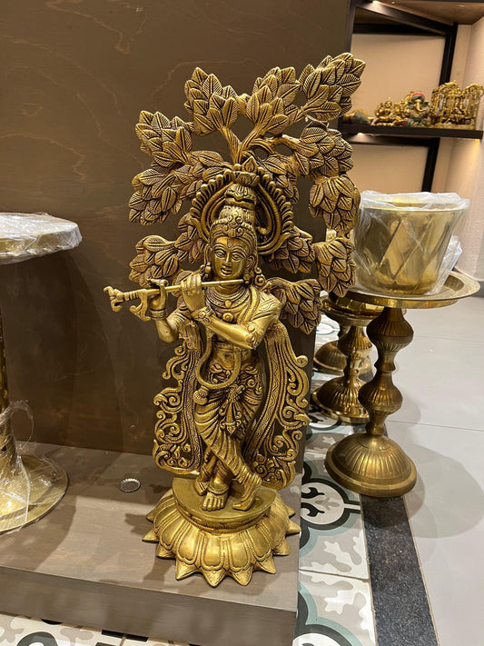Brass Lord Krishna Idol Under Tree | Flute-Playing Venugopala Statue for Home Temple & Decor (61.5 cm)